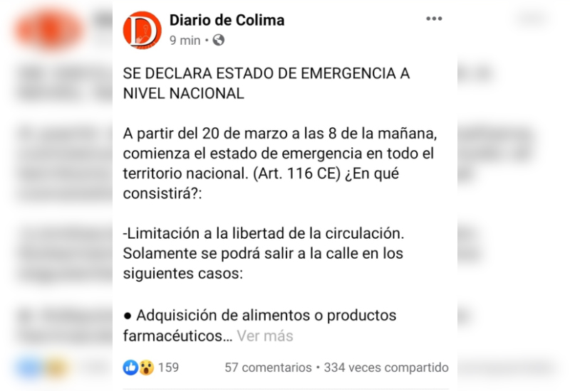 Diario de Colima publica información falsa sobre inexistente estado de emergencia nacional