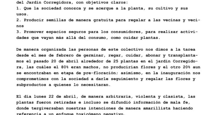 Colectivo Legaliza Colima denuncia remoción arbitraria de Jardín Cannábico por parte del Ayuntamiento de Colima y vecinos