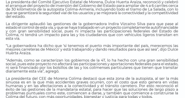 Morena reconoce arranque de proyecto del Gobierno de Colima para ampliar carretera en La Salada y garantizar conectividad y seguridad vial